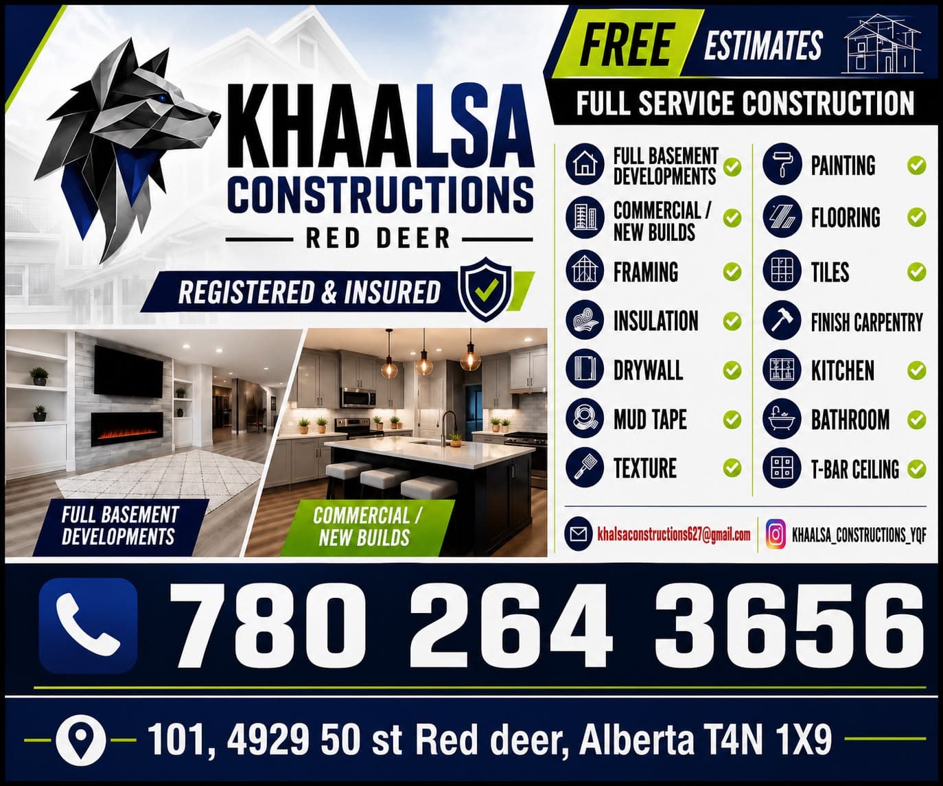 Khaalsa Constructions Red Deer flyer featuring renovation services, modern interior photos, and contact information.