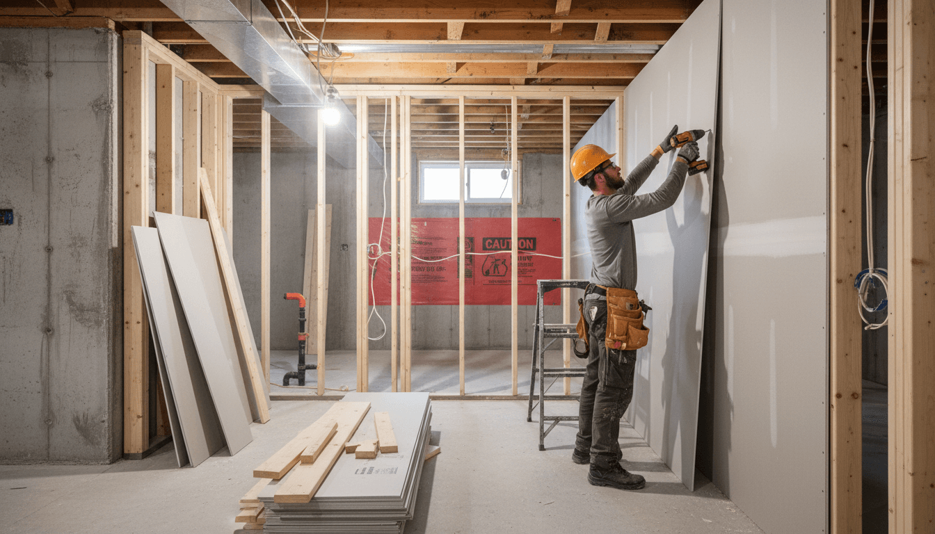 Construction worker installing drywall in a residential basement