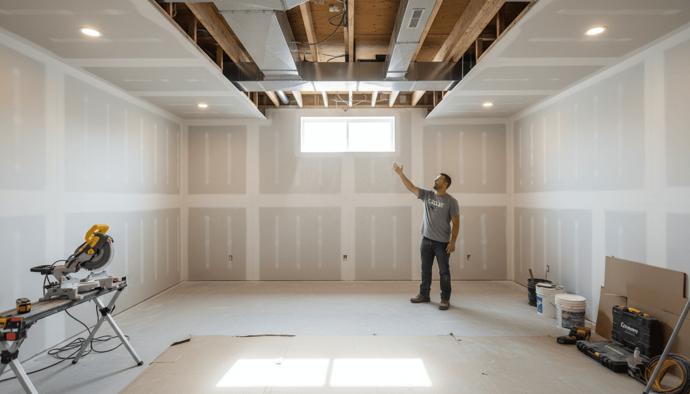Finished basement interior with new drywall, trim, and clean construction work