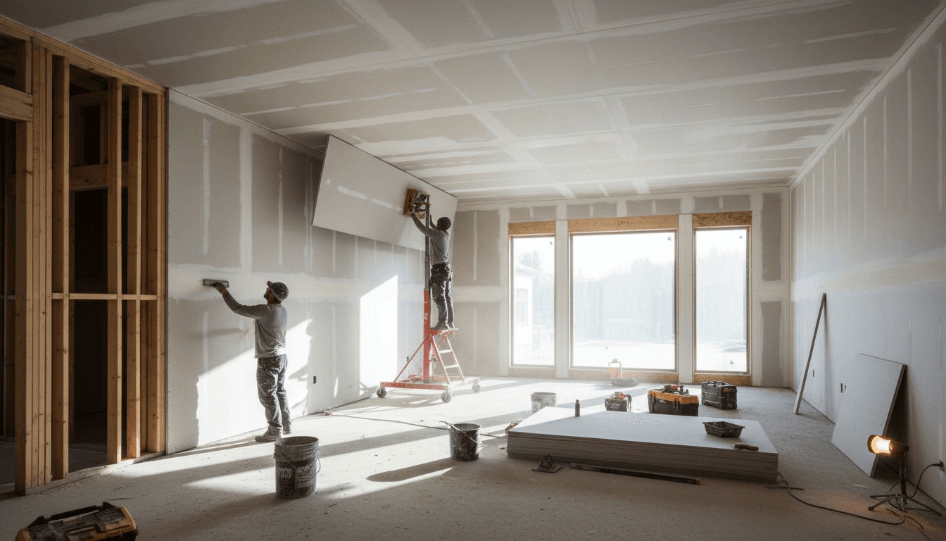 Construction crew installing and finishing drywall panels on walls and ceiling of unfinished interior space with natural lighting