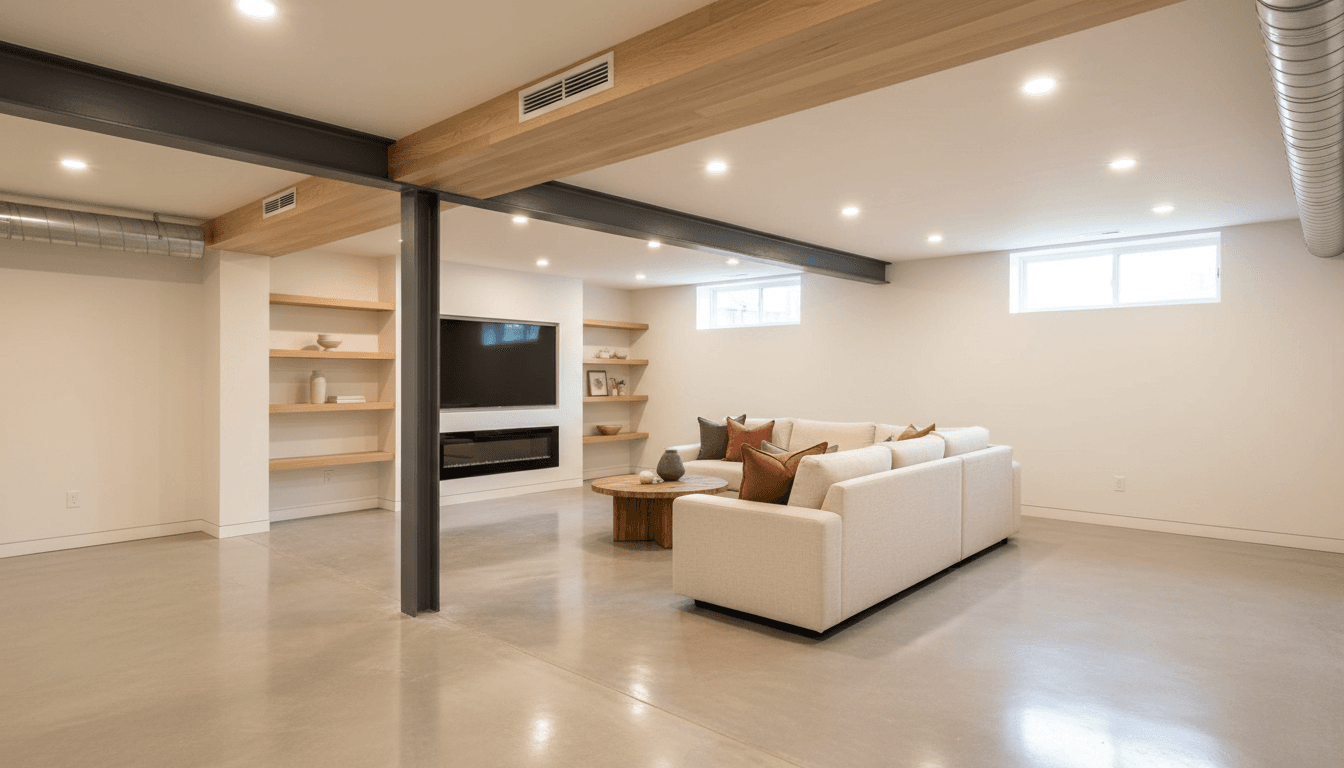 Finished basement living area with recessed lighting and new flooring