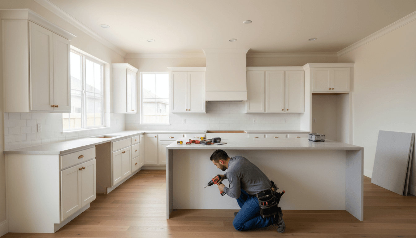 Modern kitchen with new cabinets, countertop, and tile backsplash