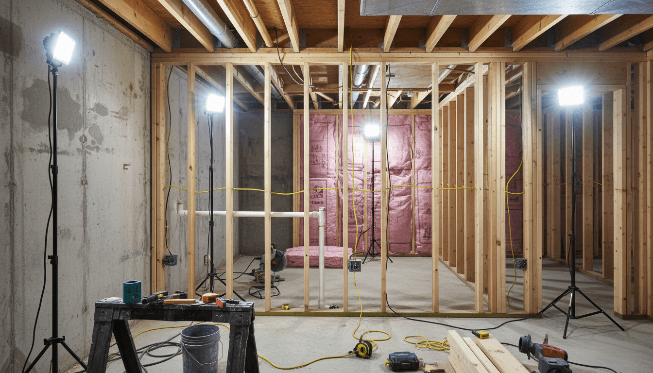 Framing and insulation going up in a basement under renovation
