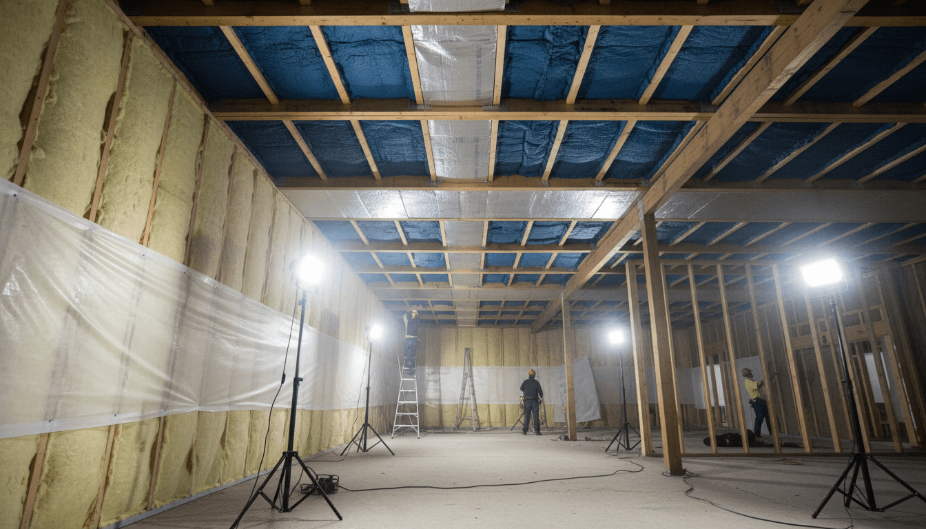 Framed wall with insulation and drywall during a new home build