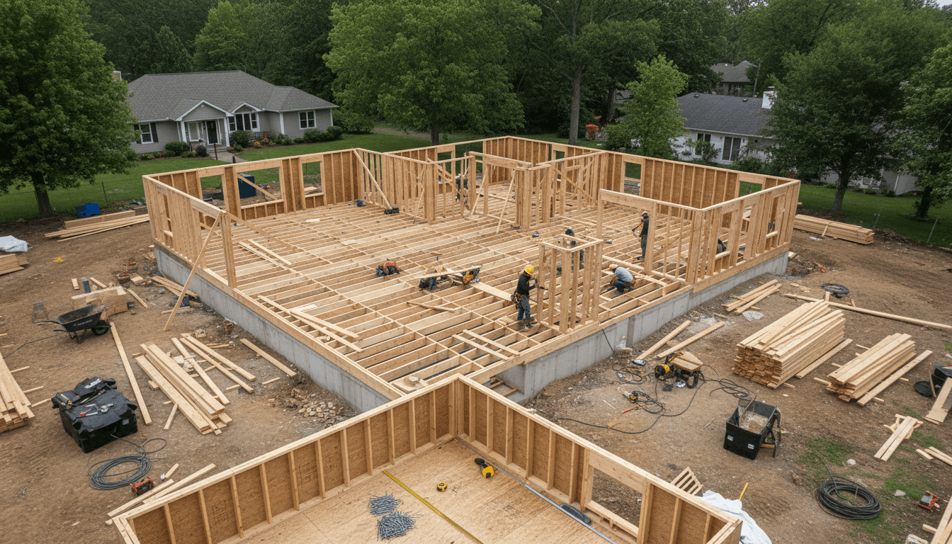 Construction workers in safety gear framing a wooden wall on a residential build