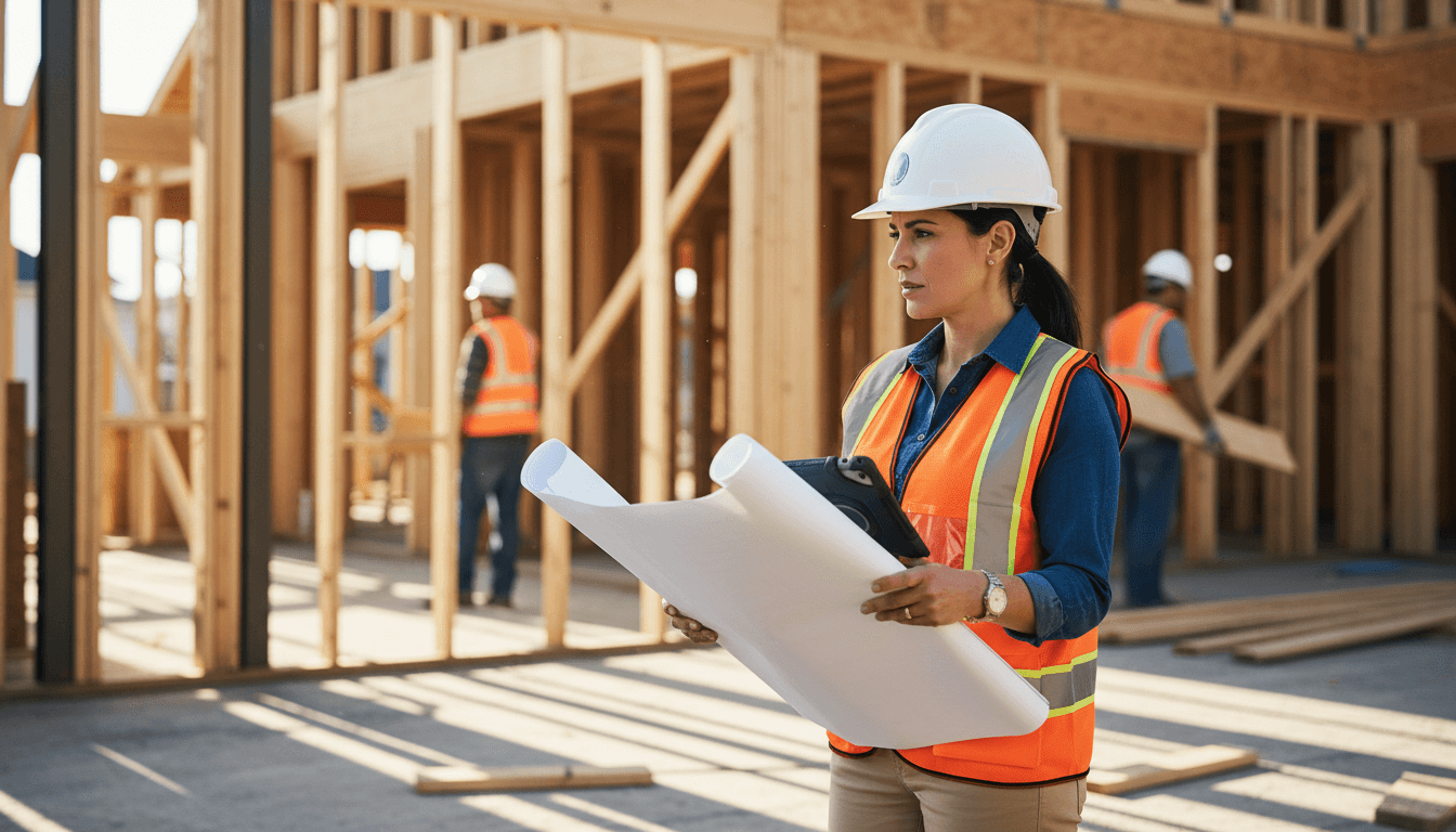 Construction worker in hard hat and vest reviewing blueprints at a residential build site